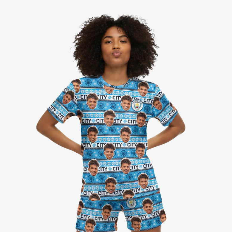 Christmas Man City Women's Personalised PJs - Shorts Set