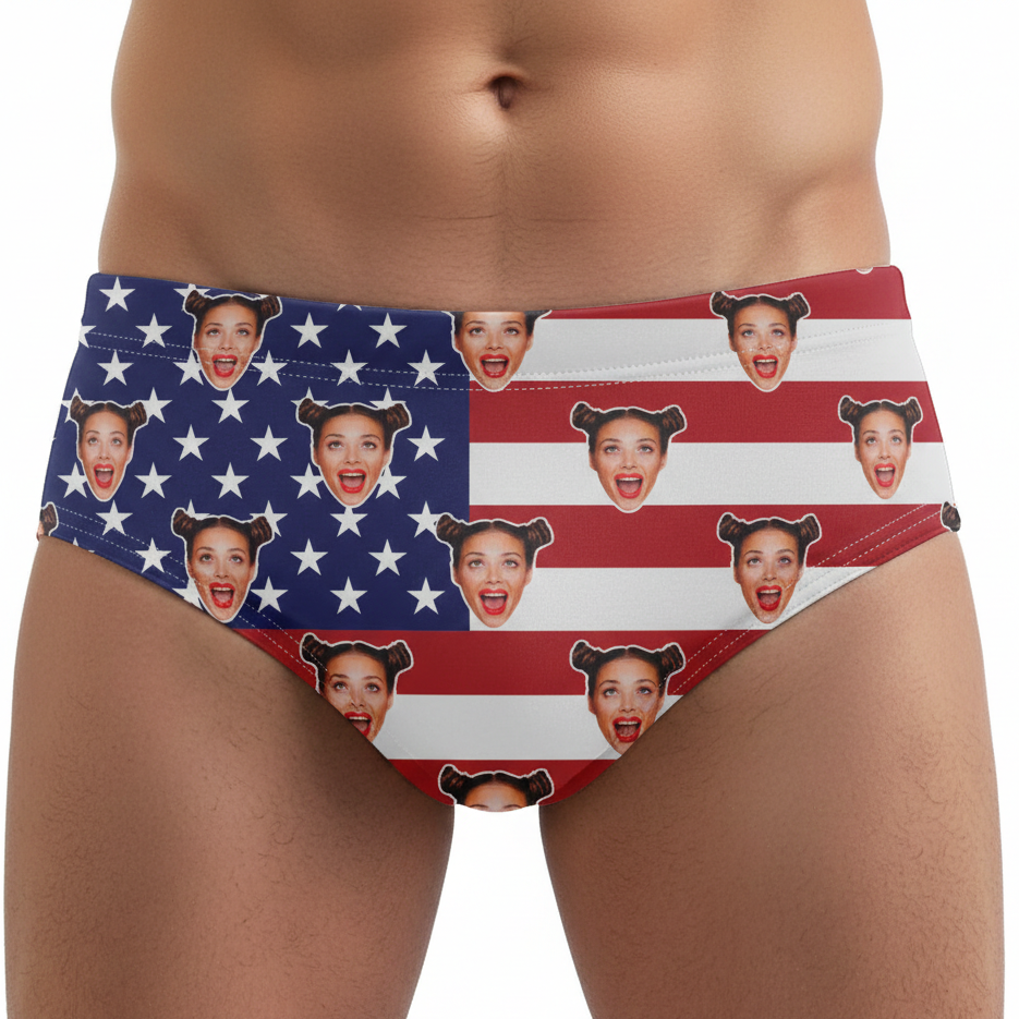 Face Pattern American Flag Swim Trunks