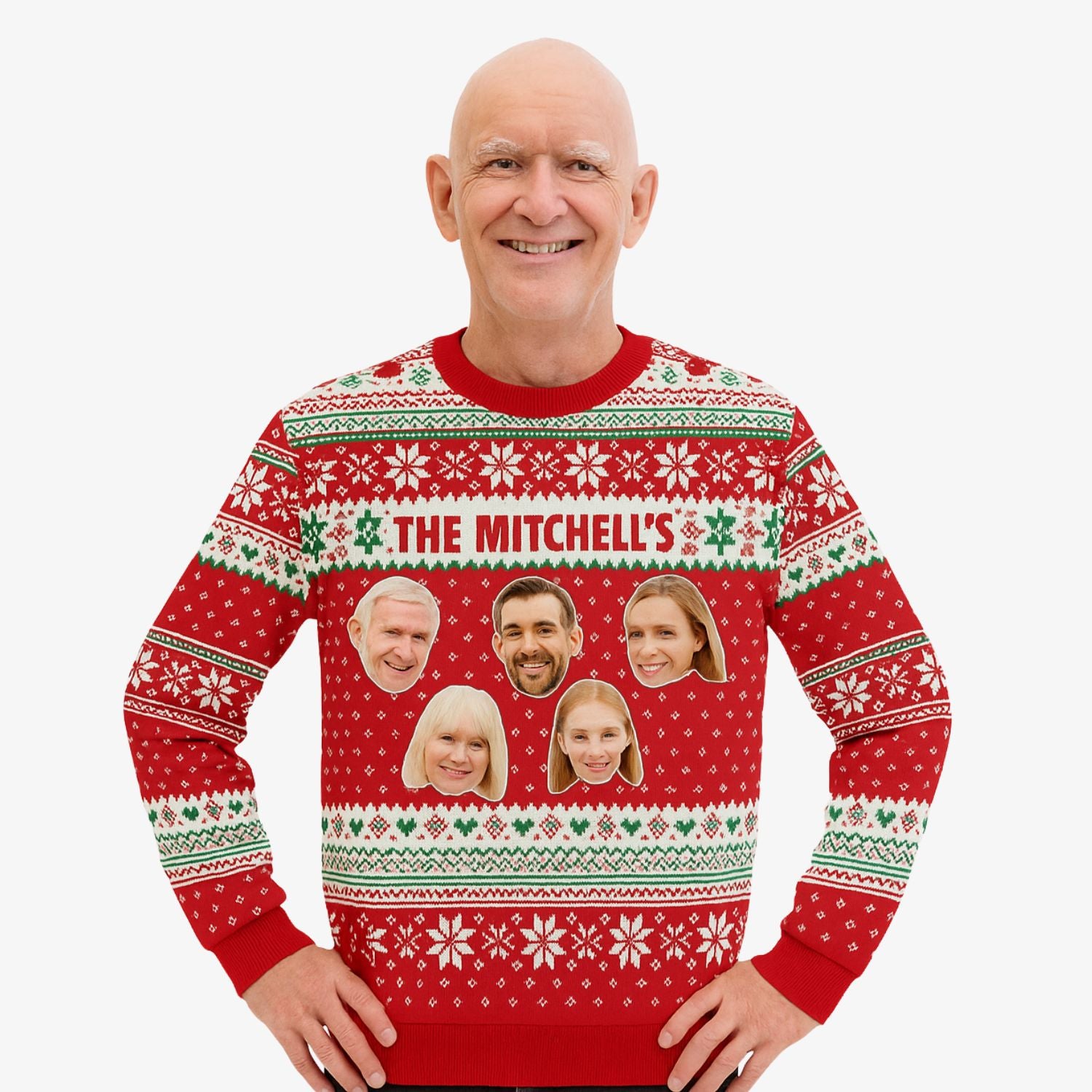 Personalised Christmas Jumper With Family Name & Up To 6 Faces