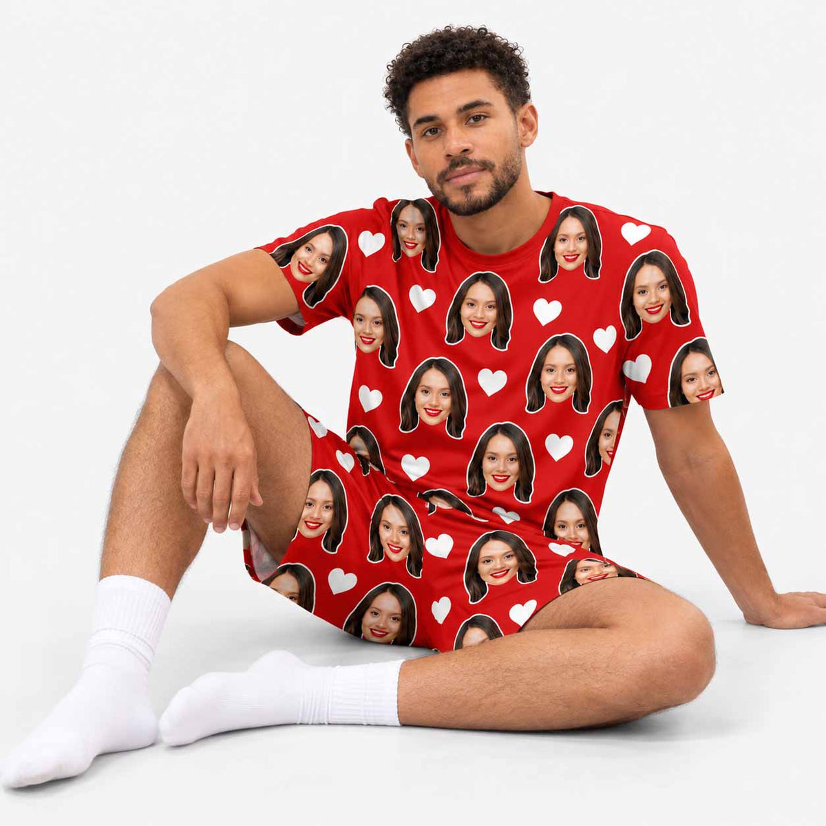 Men's White Hearts Personalised PJs - Shorts Set