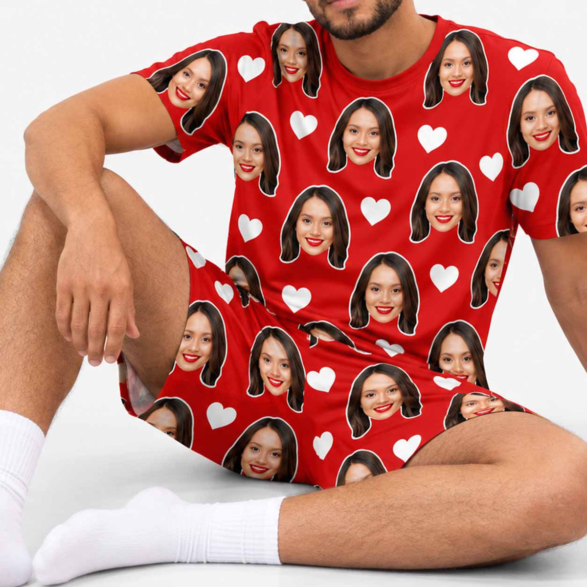 Men's White Hearts Personalised PJs - Shorts Set