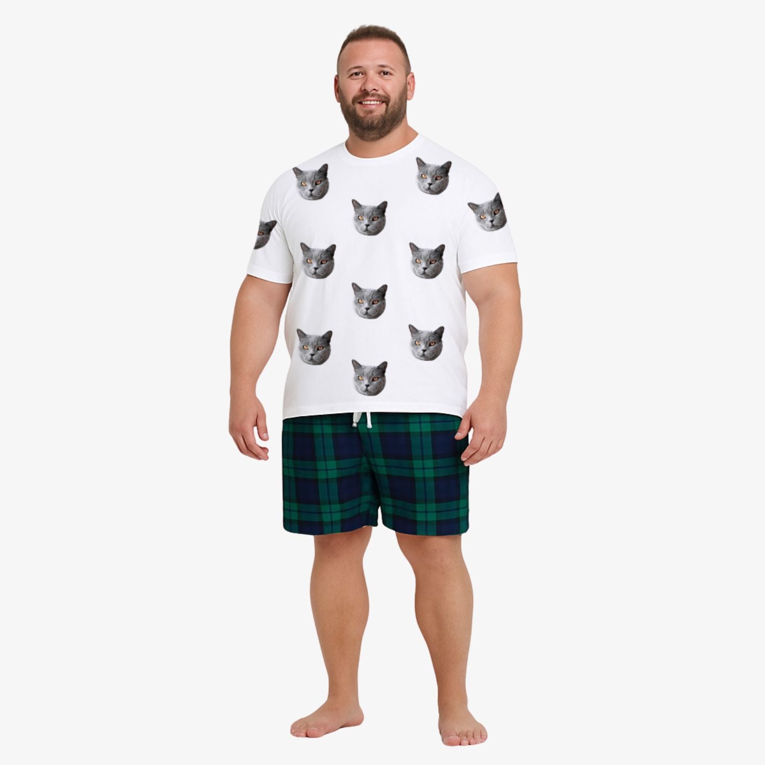 Men's Cat Pyjamas - Green Navy Tartan Shorts Set