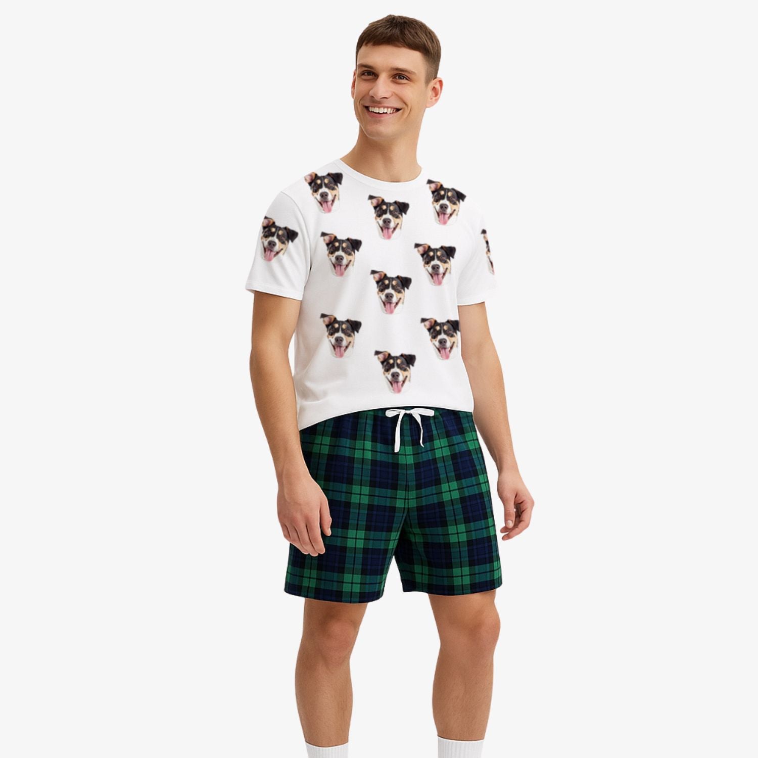 Men's Dog Pyjamas - Green Navy Tartan Shorts