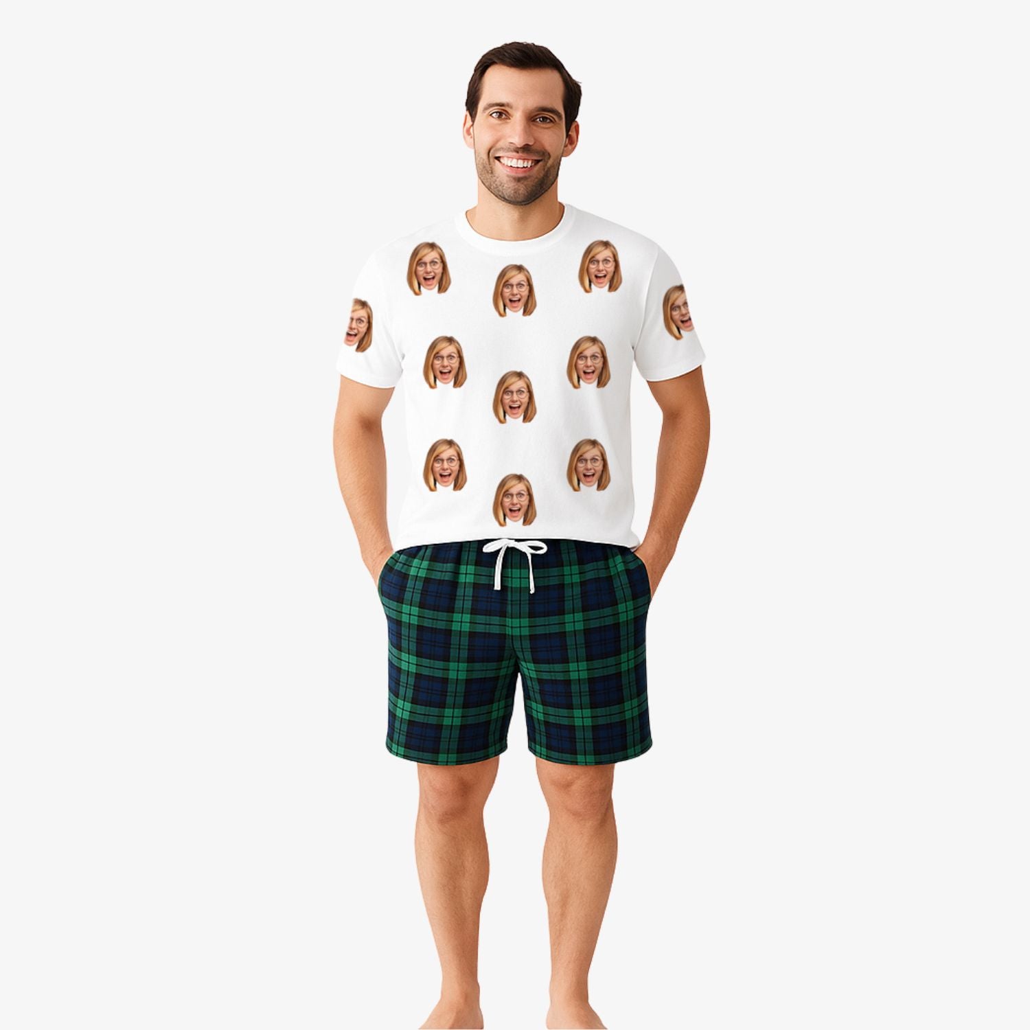 Men's Face Pyjamas - Green Navy Tartan Shorts Set