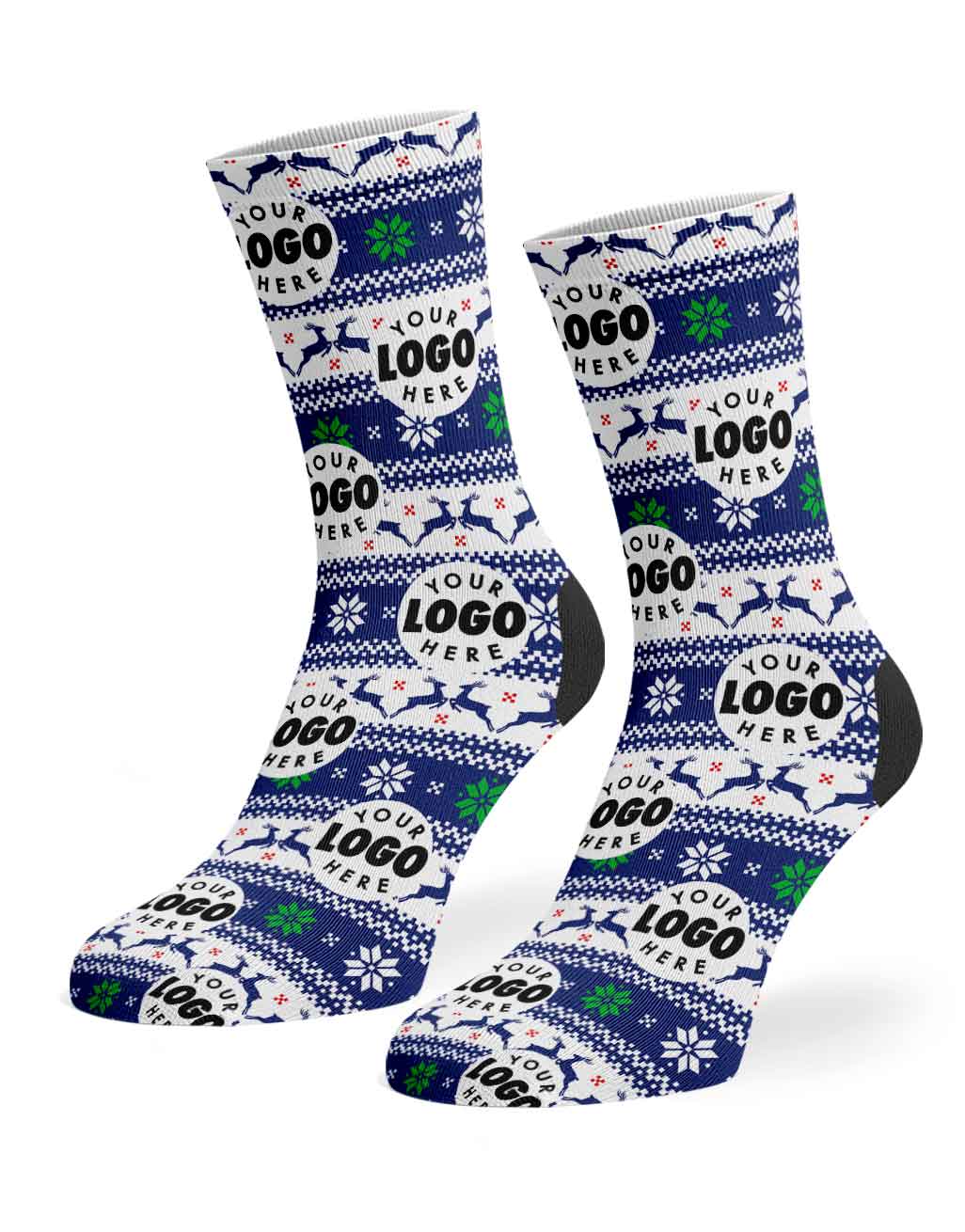 A pair of custom crew socks with a navy blue, white, and green holiday knit pattern featuring snowflakes, reindeer, and customizable 'YOUR LOGO HERE' text, shown on a white background.