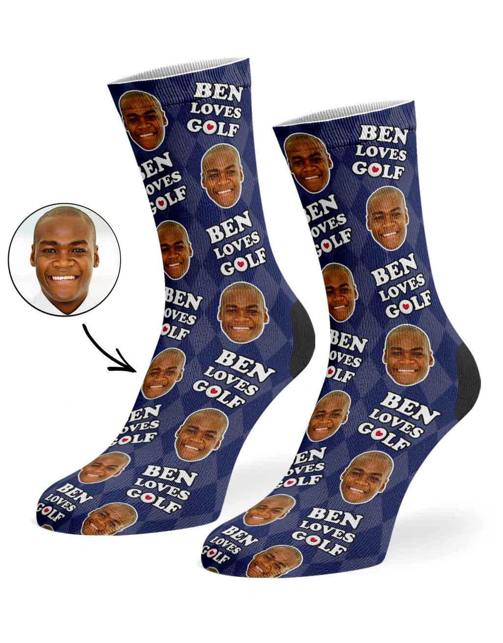 Personalised Name Loves Golf Socks With Face