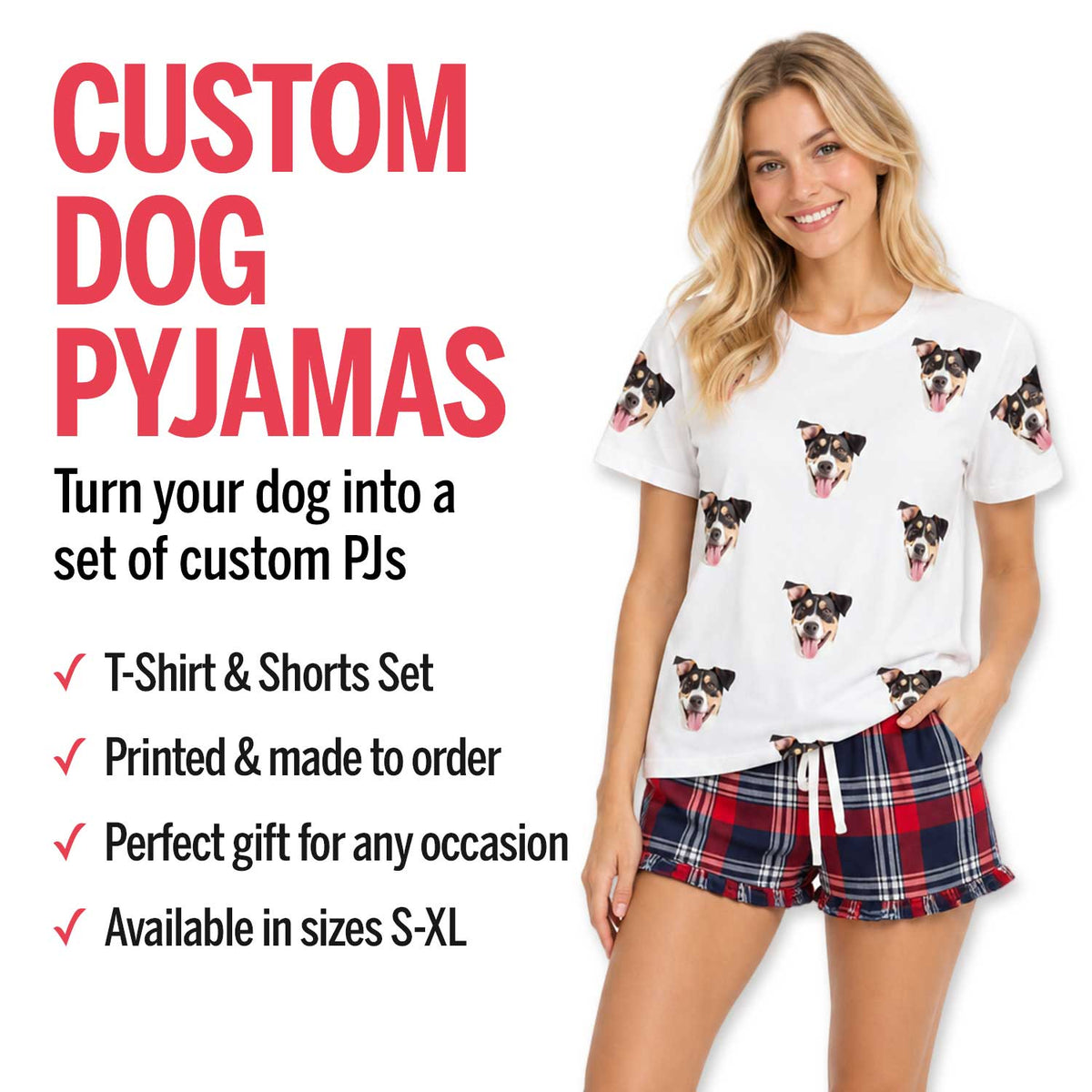 Women's Dog Pyjamas - Red Tartan Shorts