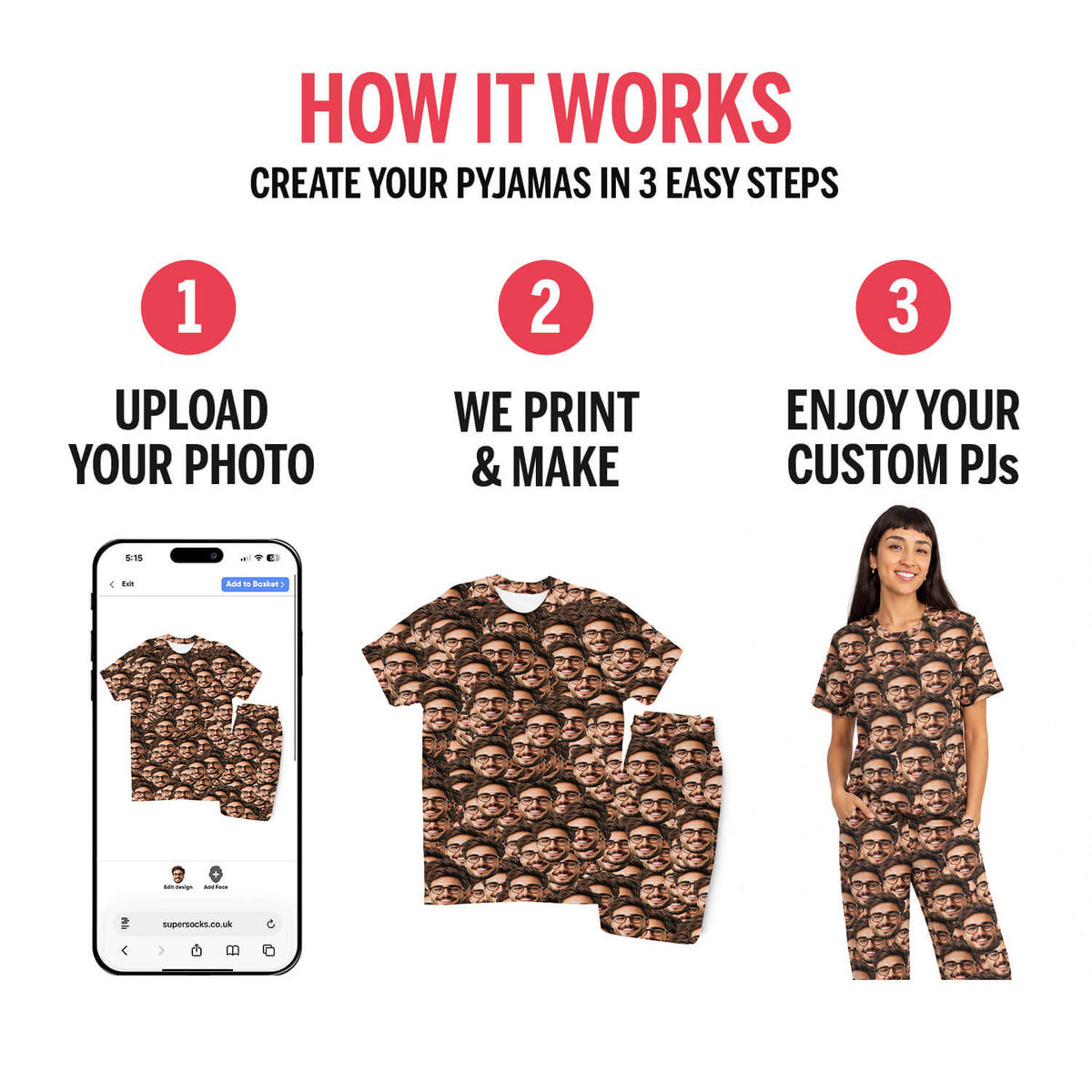 Women's Face Mash Pyjamas - Personalised PJ Trouser Set