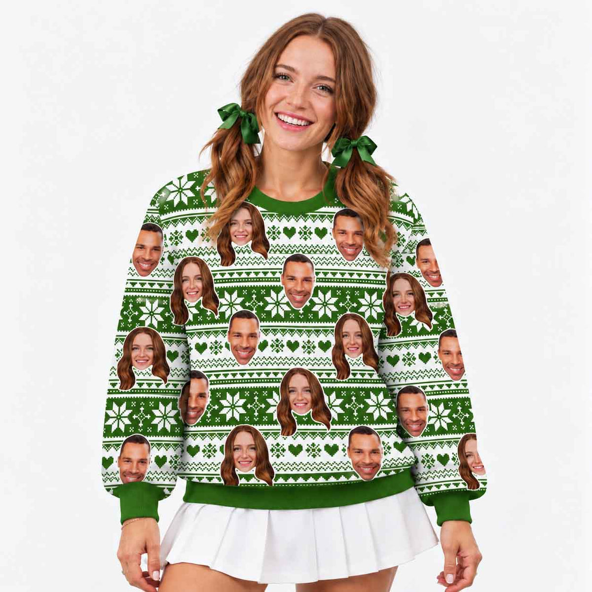 Your Face Green Nordic Snowflakes & Hearts Personalised Christmas Jumper