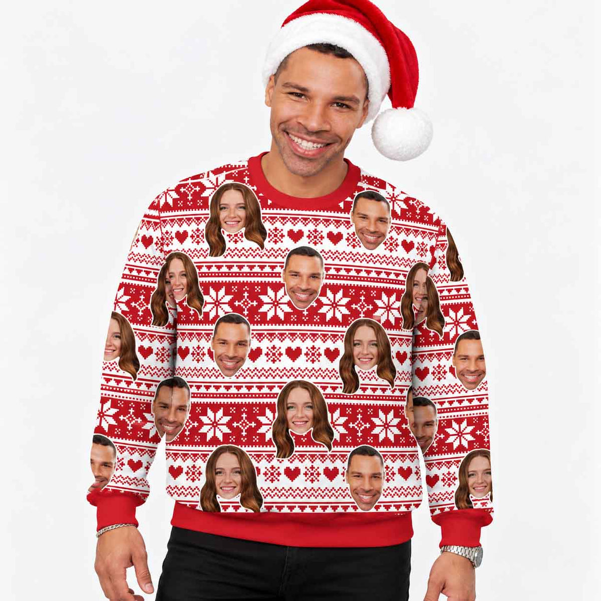 Your Face Red Nordic Snowflakes & Hearts Personalised Christmas Jumper