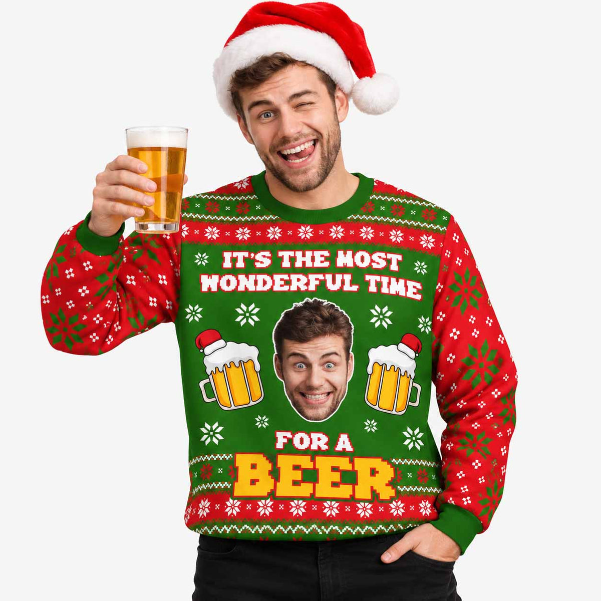 Most Wonderful Time For A Beer Face Personalised Christmas Jumper
