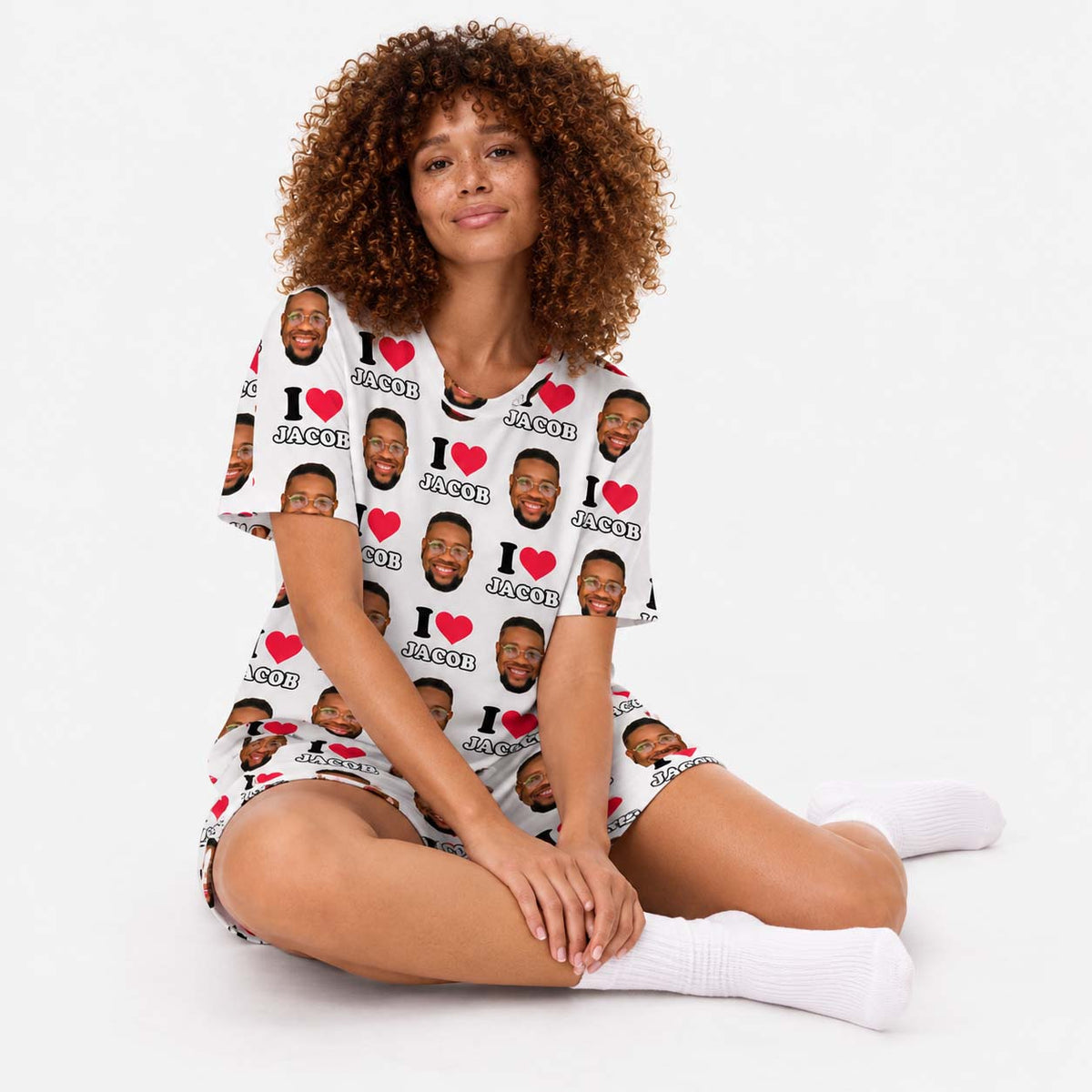 Women's I Heart Name & Face Personalised PJs - Shorts Set