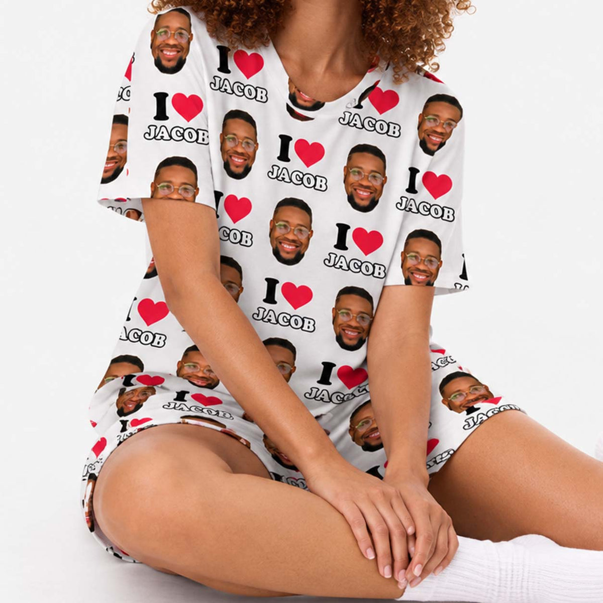 Women's I Heart Name & Face Personalised PJs - Shorts Set