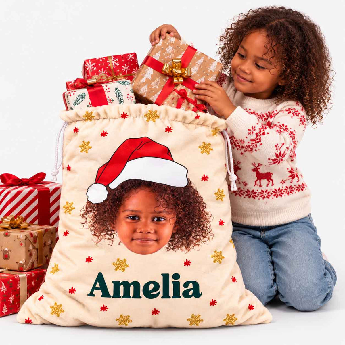 Santa Hat Face & Name Christmas Sack