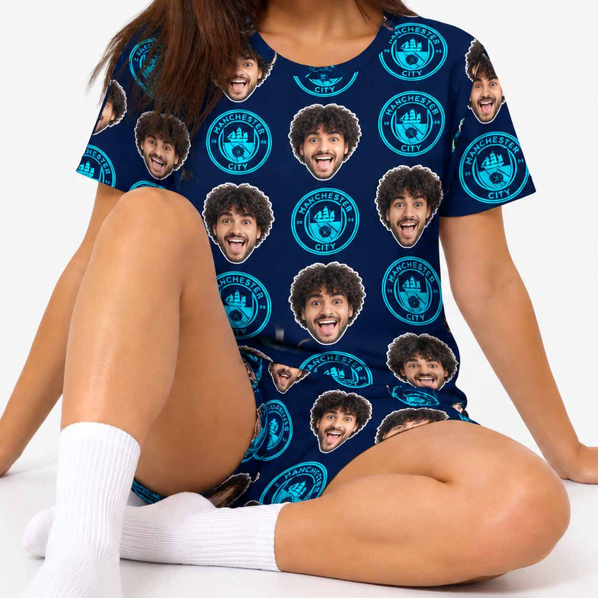 Navy Man City Women's Personalised PJs - Shorts Set