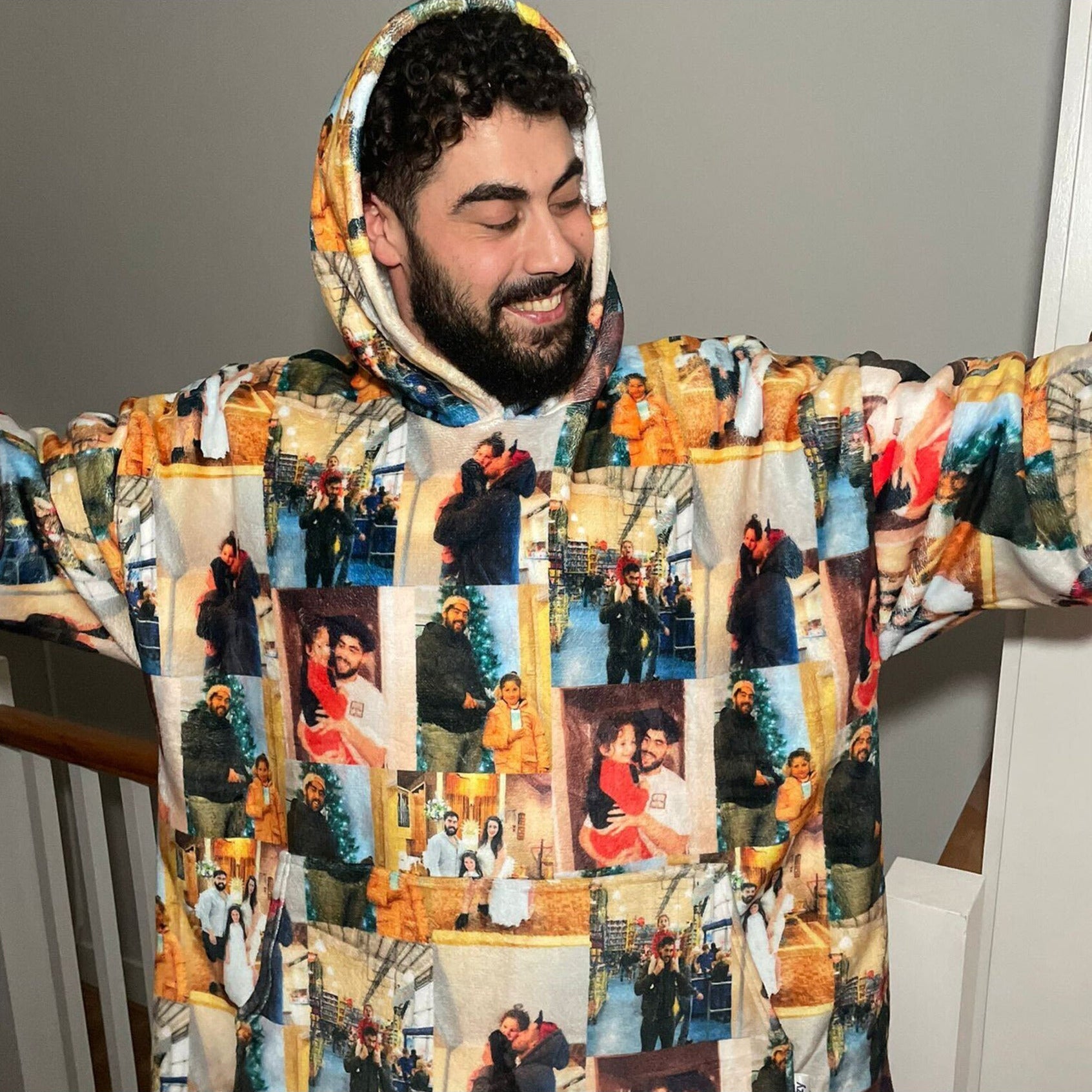 customer wearing a photo hooded blanket