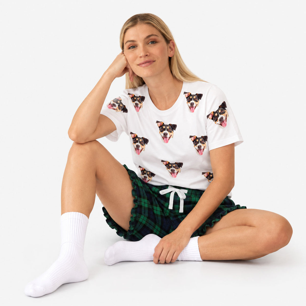 Women's Dog Pyjamas - Green Navy Tartan Shorts