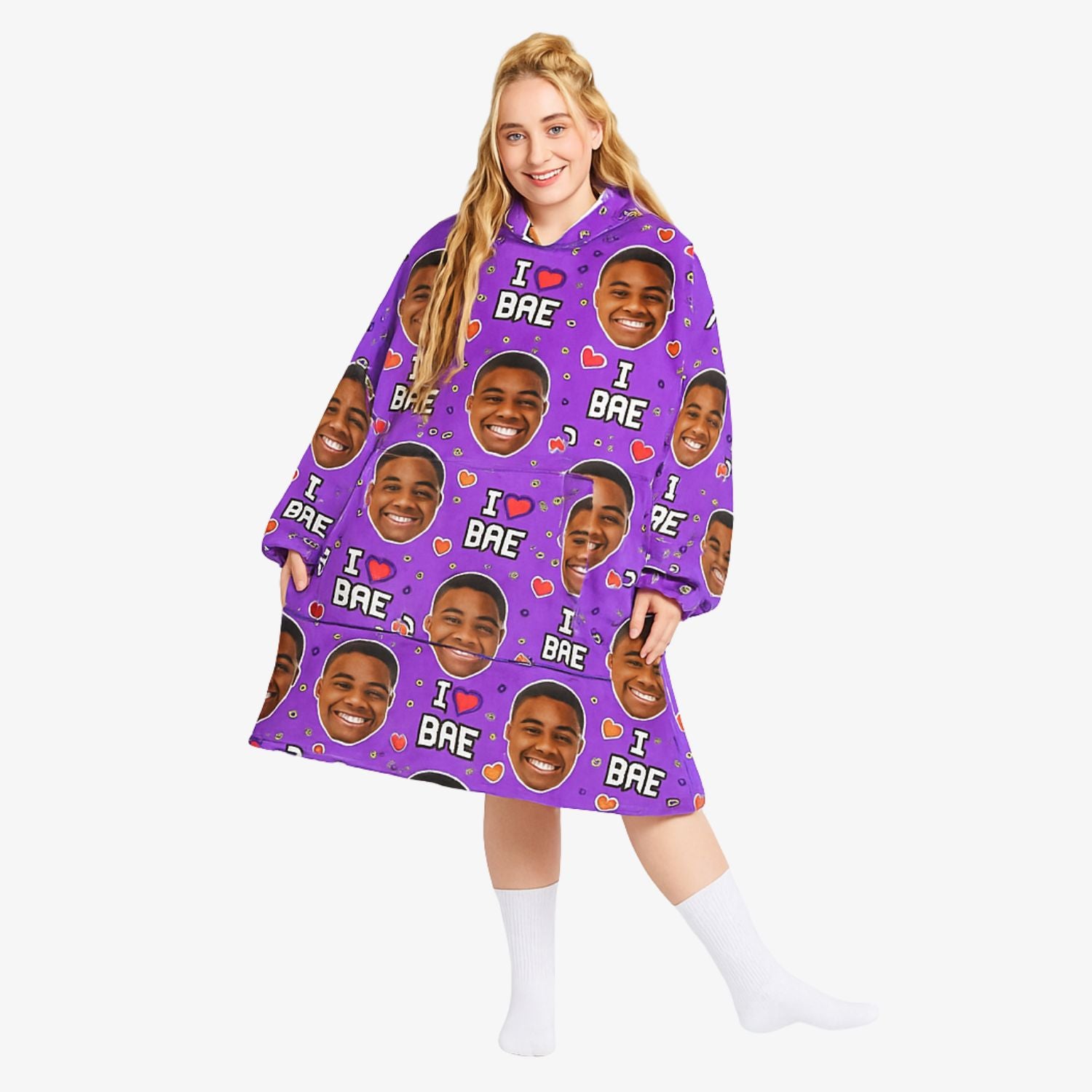 I Love Bae Personalised Face Blanket Hoodie
