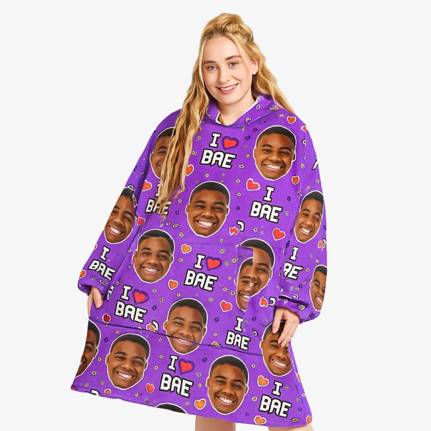 I Love Bae Personalised Face Blanket Hoodie
