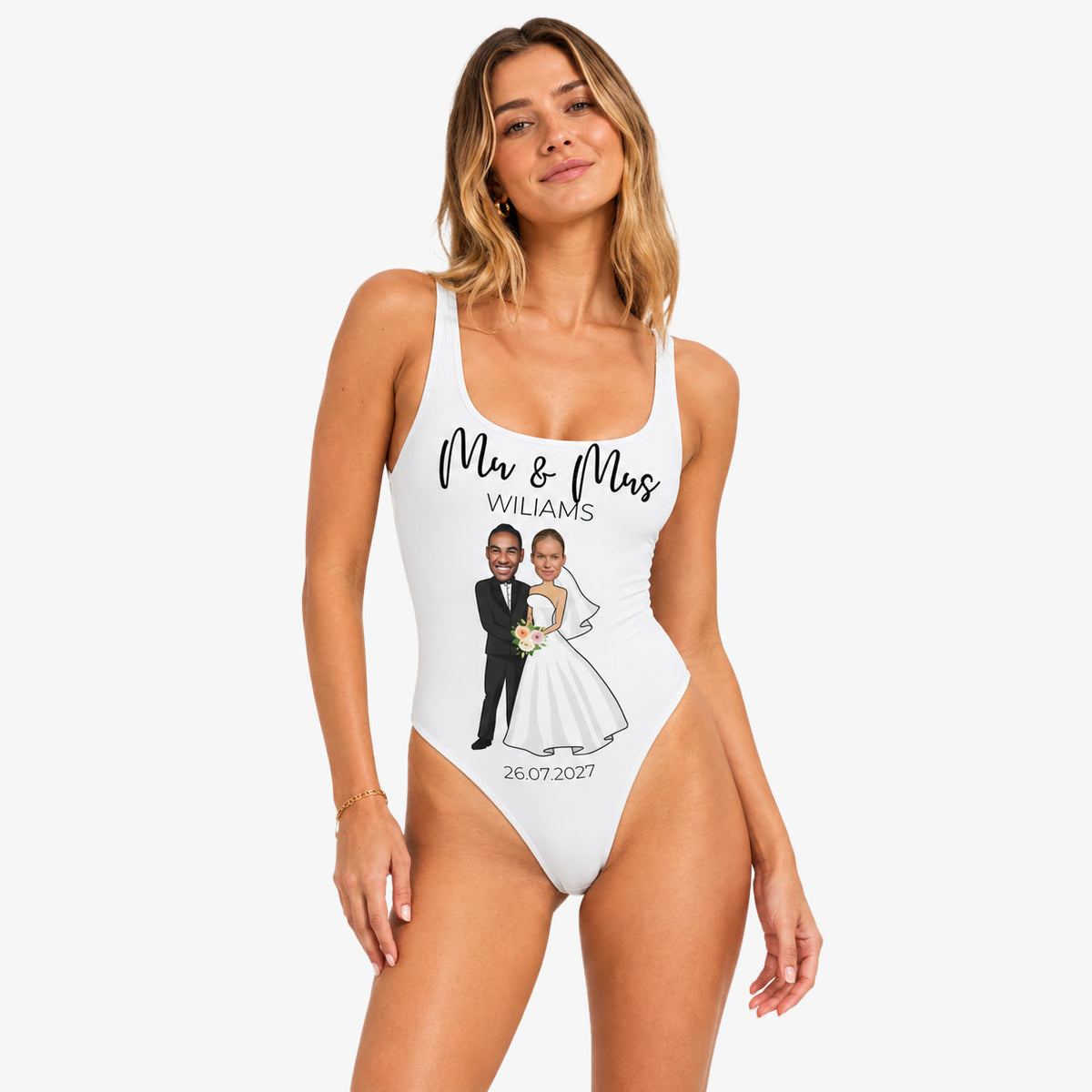 Bride and Groom Faces Swimsuit Personalised With Name and Date