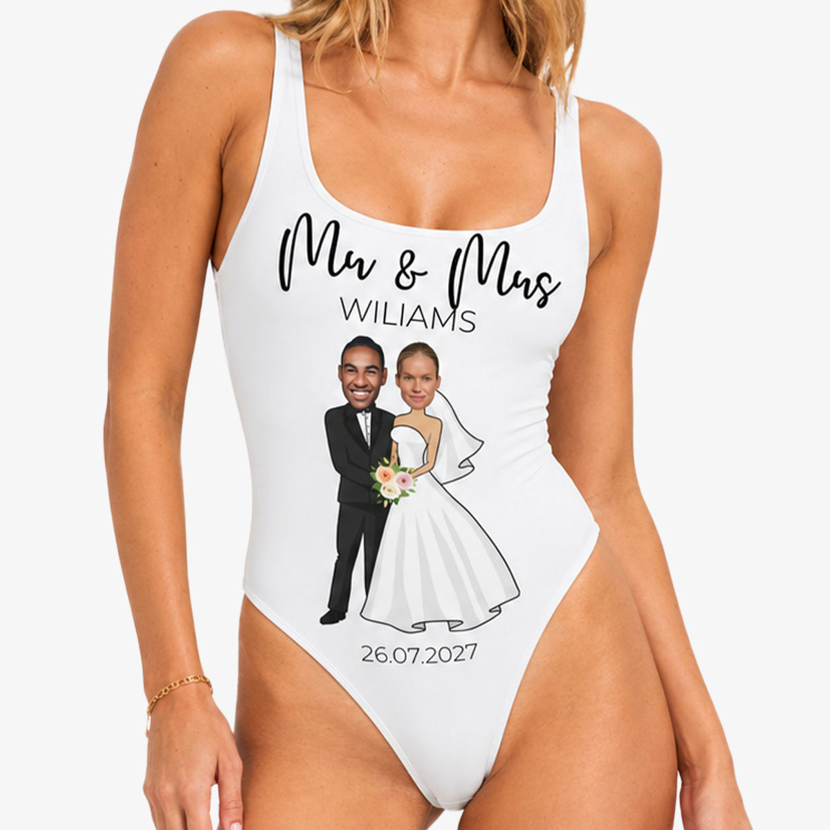 Bride and Groom Faces Swimsuit Personalised With Name and Date