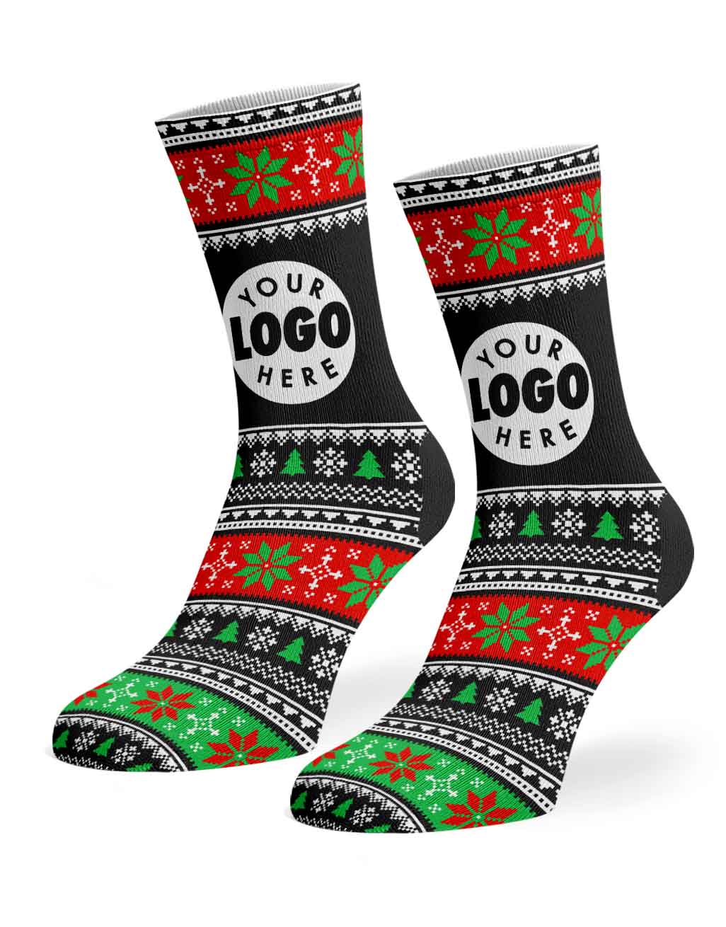 A pair of custom crew socks featuring a festive Christmas holiday pattern in red, green, and black with white accents. The socks have a white circular placeholder graphic on the side that reads 'YOUR LOGO HERE'.