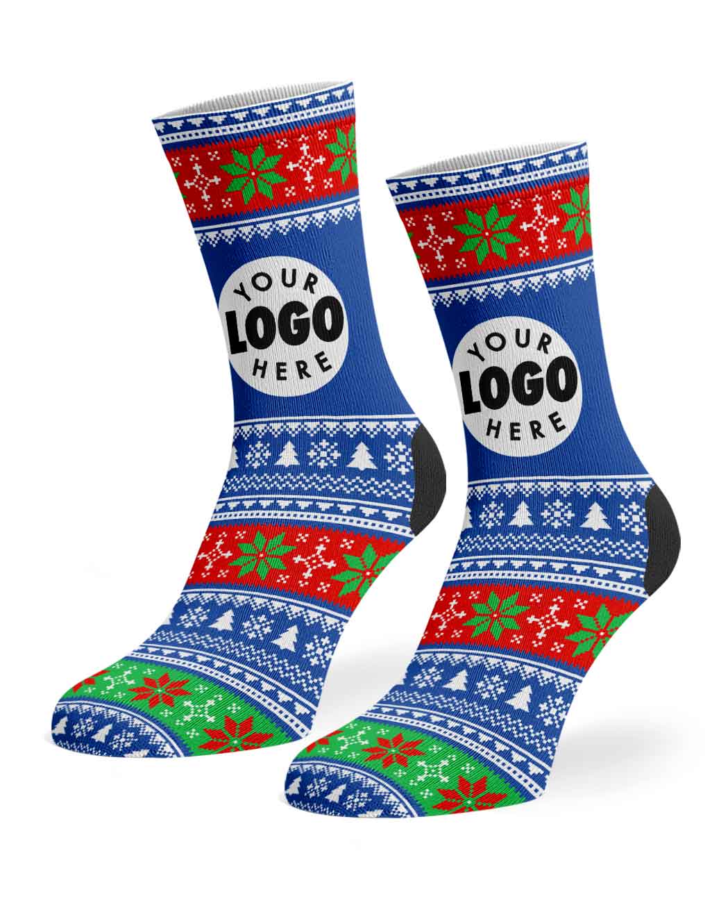 A pair of custom crew socks with a festive Christmas sweater pattern in blue, red, green, and white, featuring a customizable white circular logo patch on each sock.