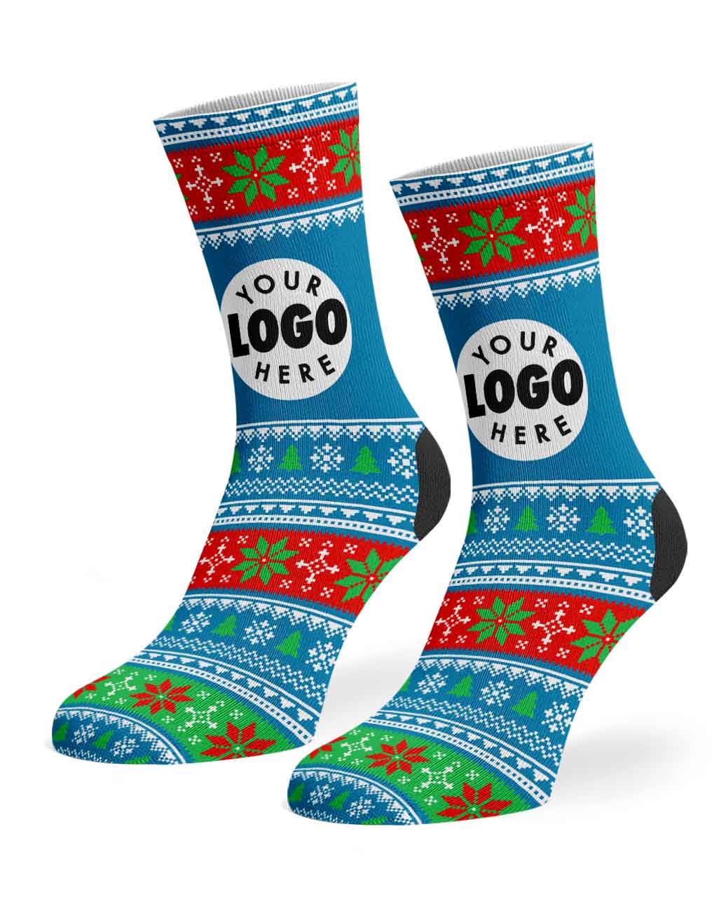 A pair of custom crew socks with a festive Christmas sweater pattern in blue, red, green, and white, featuring a customizable white circular logo placeholder on the side.