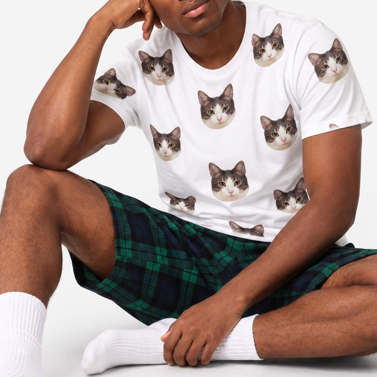 Men's Cat Pyjamas - Green Navy Tartan Shorts Set