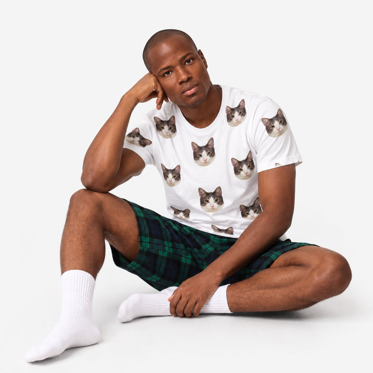 Men's Cat Pyjamas - Green Navy Tartan Shorts Set