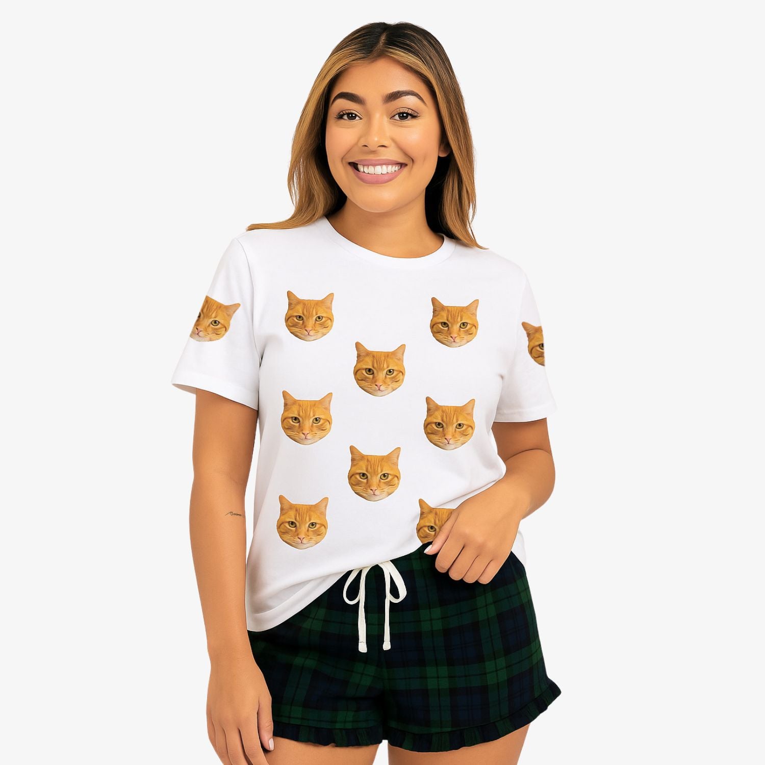 Women's Cat Pyjamas - Green Navy Tartan Shorts
