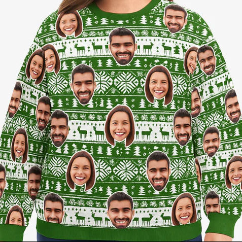 Your Face Green Nordic Snowflakes & Hearts Personalised Christmas Jumper