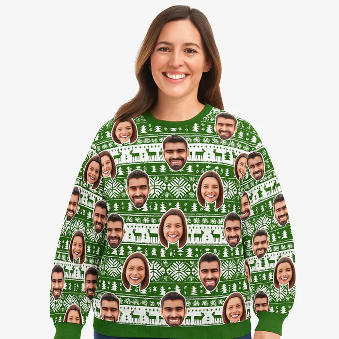 Your Face Green Nordic Snowflakes & Hearts Personalised Christmas Jumper