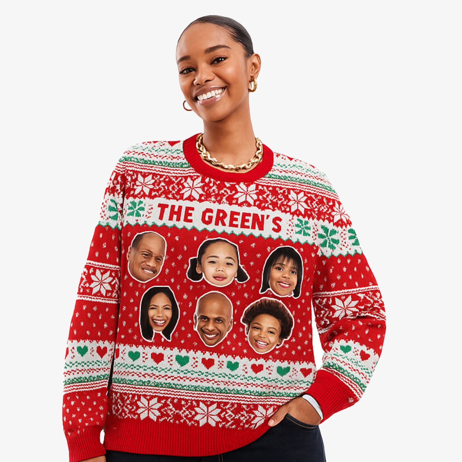 Personalised Christmas Jumper With Family Name & Up To 6 Faces