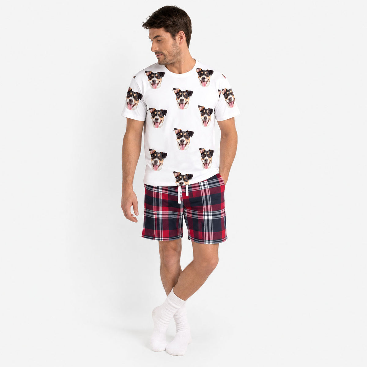 Men's Dog Pyjamas - Red Tartan Shorts Set