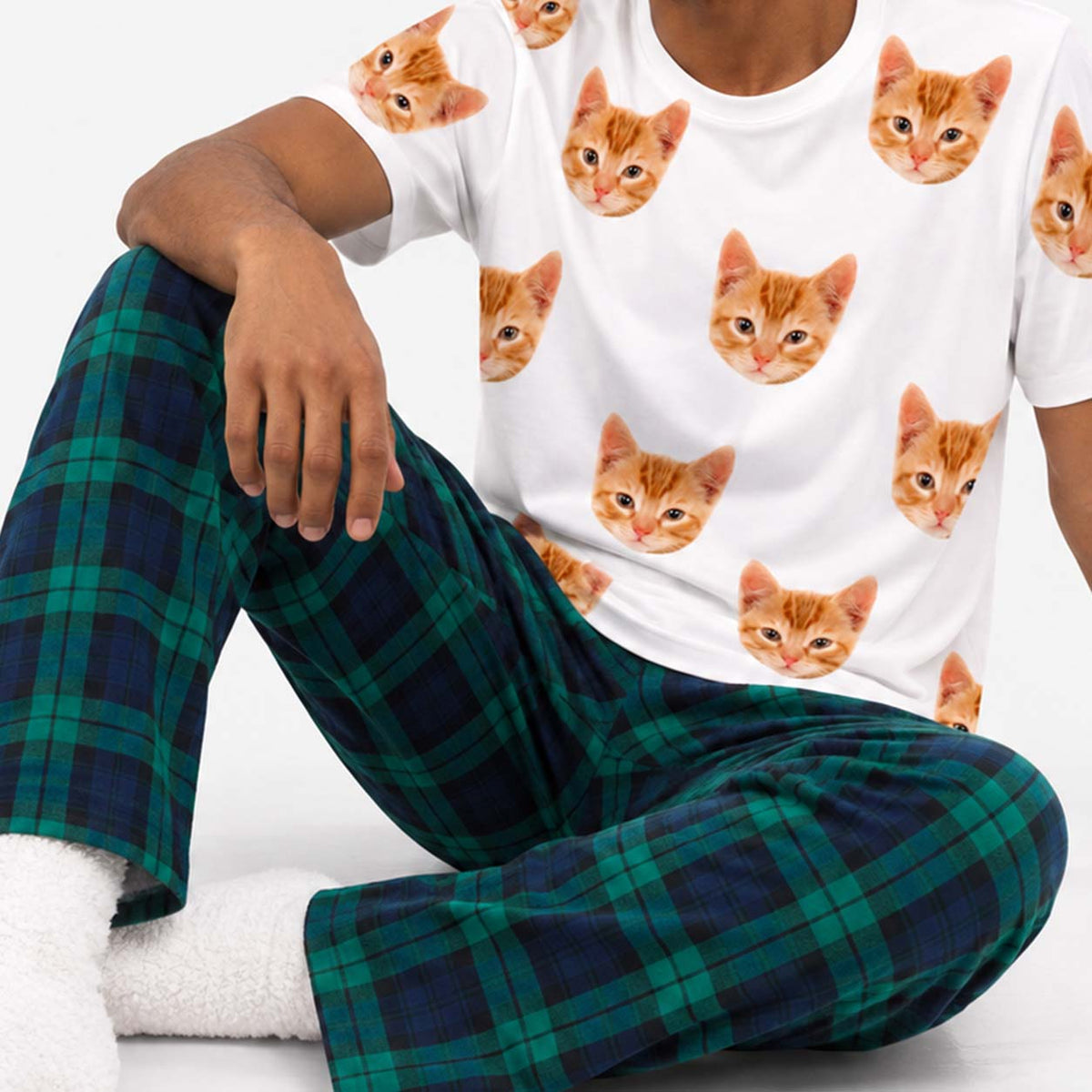 Men's Cat Pyjamas - Green Navy Trouser Set