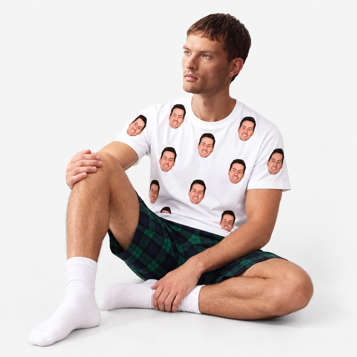 Men's Face Pyjamas - Green Navy Tartan Shorts Set