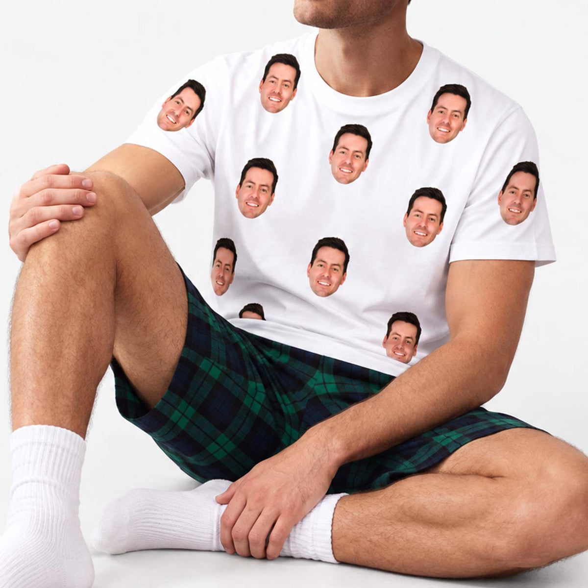 Men's Face Pyjamas - Green Navy Tartan Shorts Set