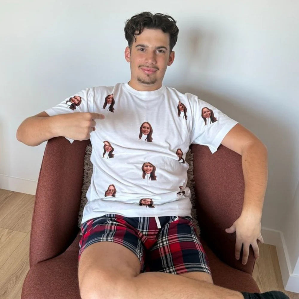 Men's Cat Pyjamas - Red Tartan Shorts Set