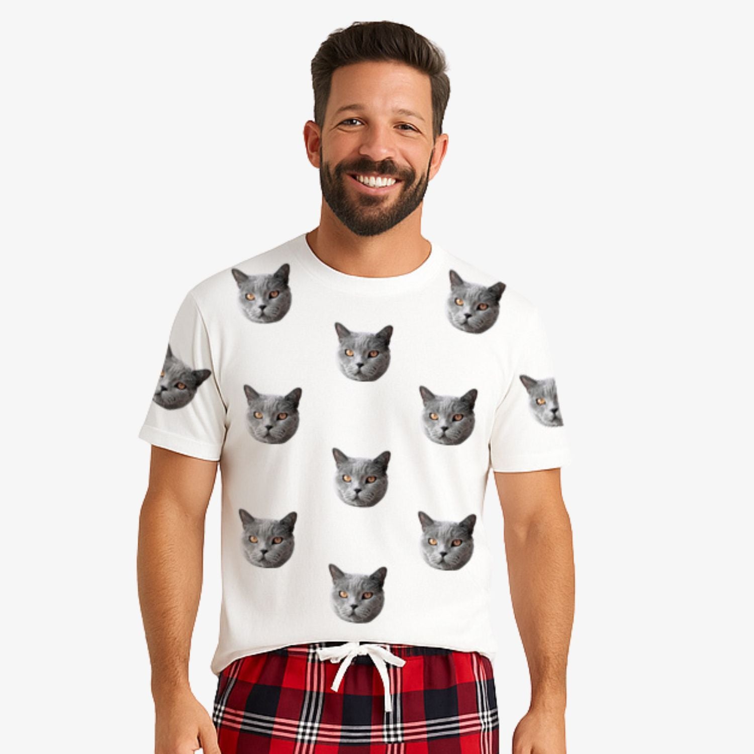 Men's Cat Pyjamas - Red Tartan Shorts