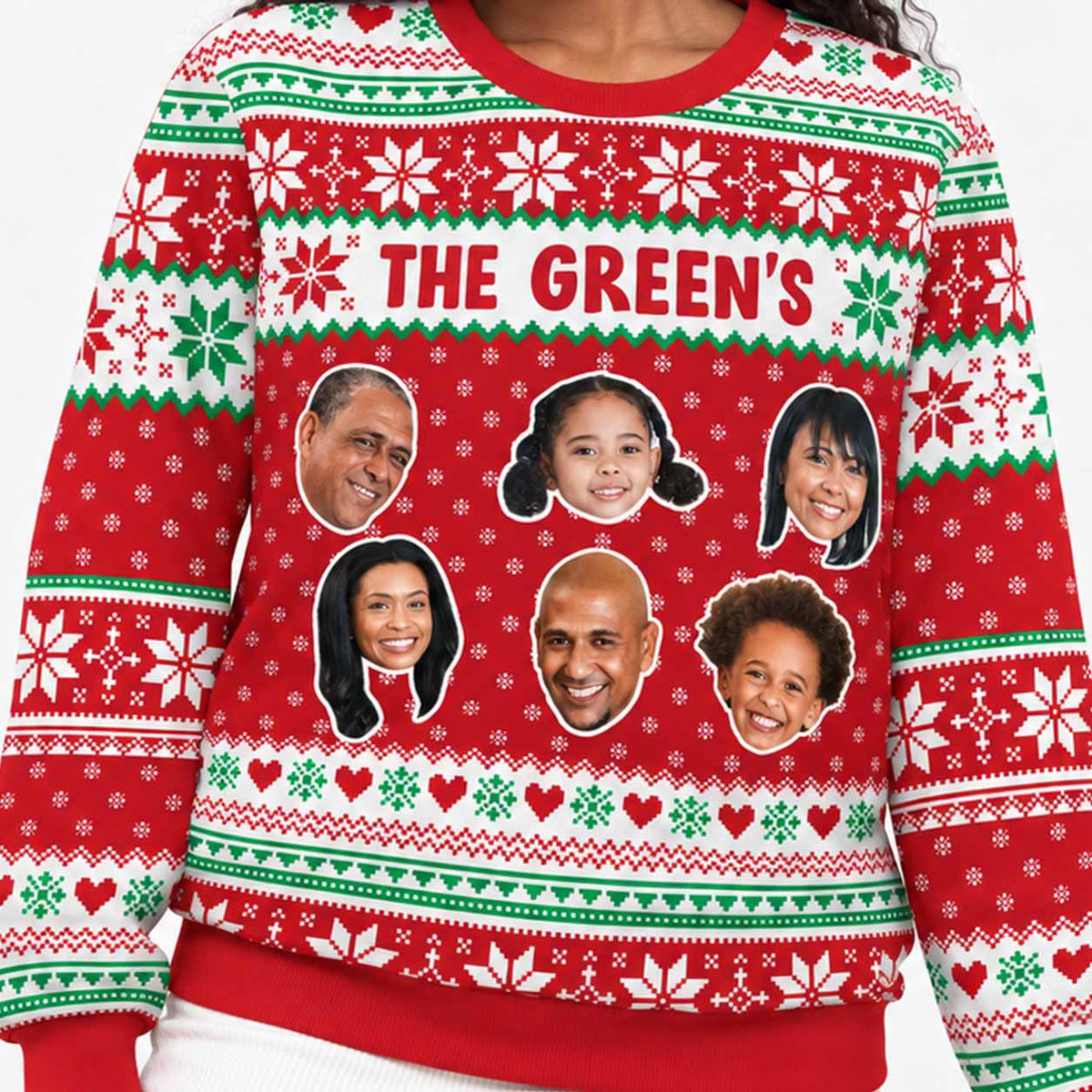 Personalised Christmas Jumper With Family Name & Up To 6 Faces