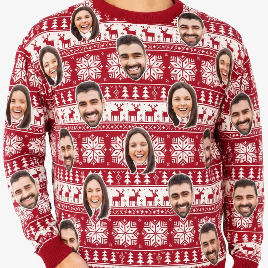 Your Face Red Nordic Snowflakes & Hearts Personalised Christmas Jumper