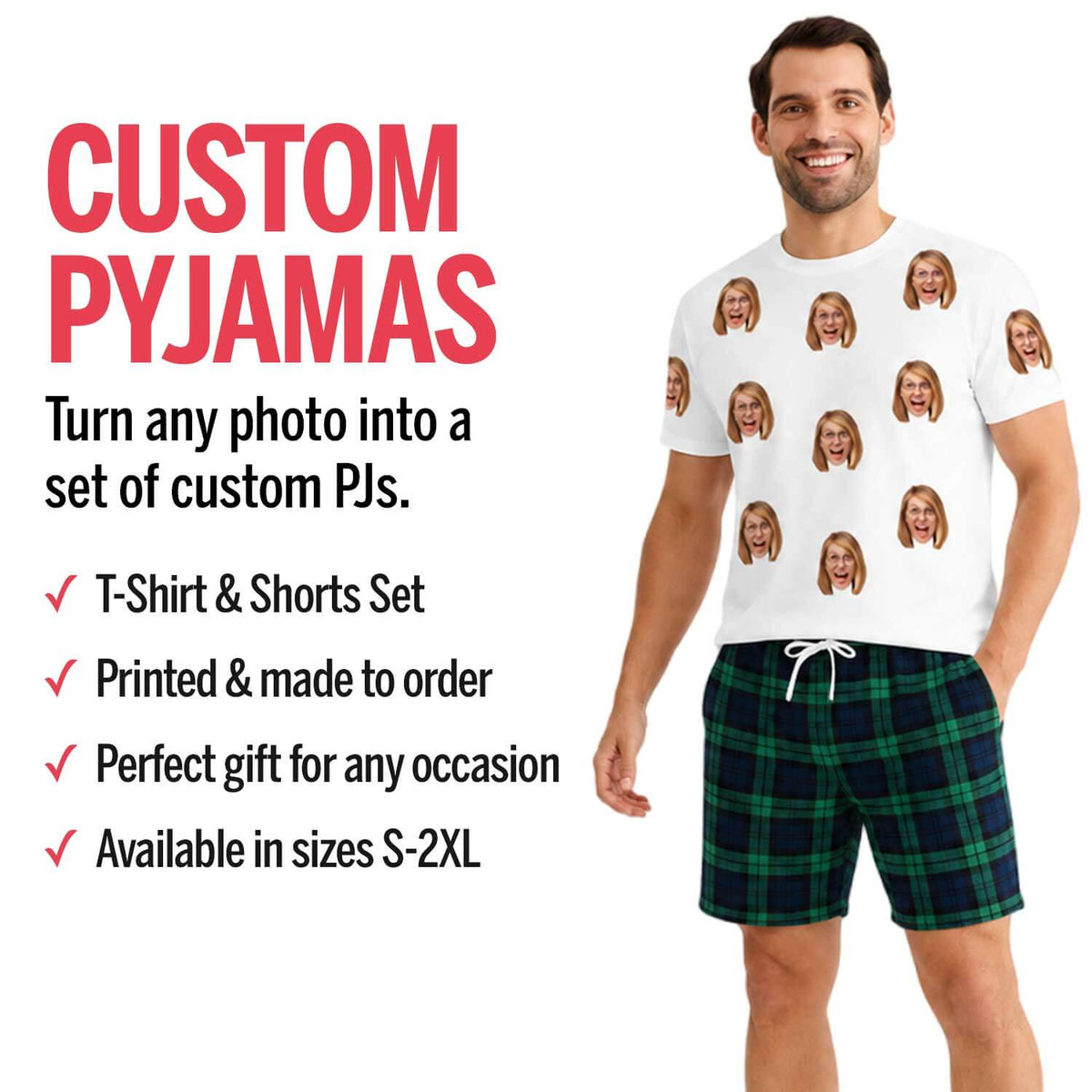 Men's Cat Pyjamas - Red Tartan Shorts Set