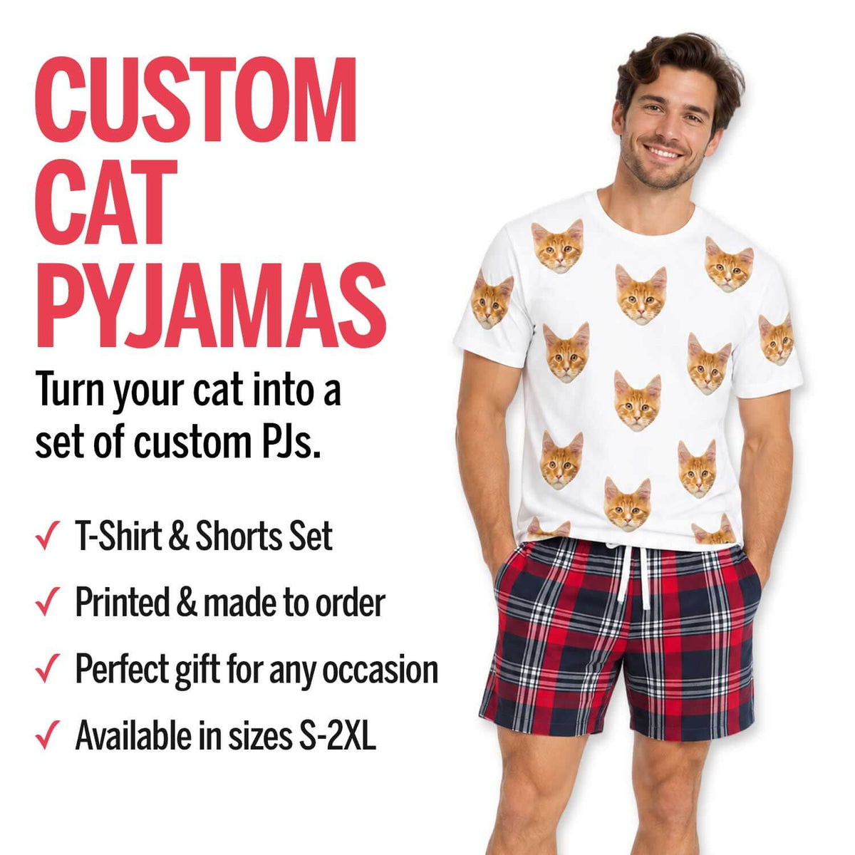 Men's Cat Pyjamas - Green Navy Tartan Shorts Set