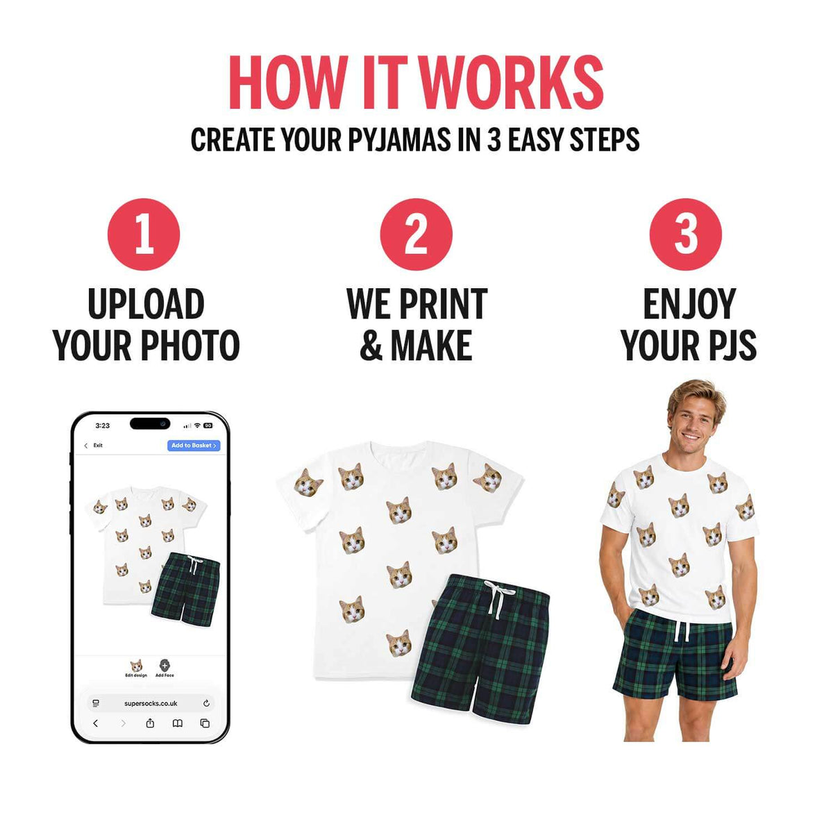 Men's Cat Pyjamas - Green Navy Tartan Shorts Set