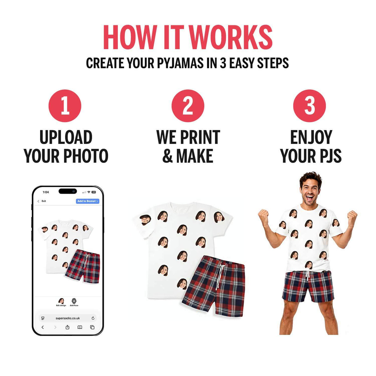 Men's Cat Pyjamas - Red Tartan Shorts Set