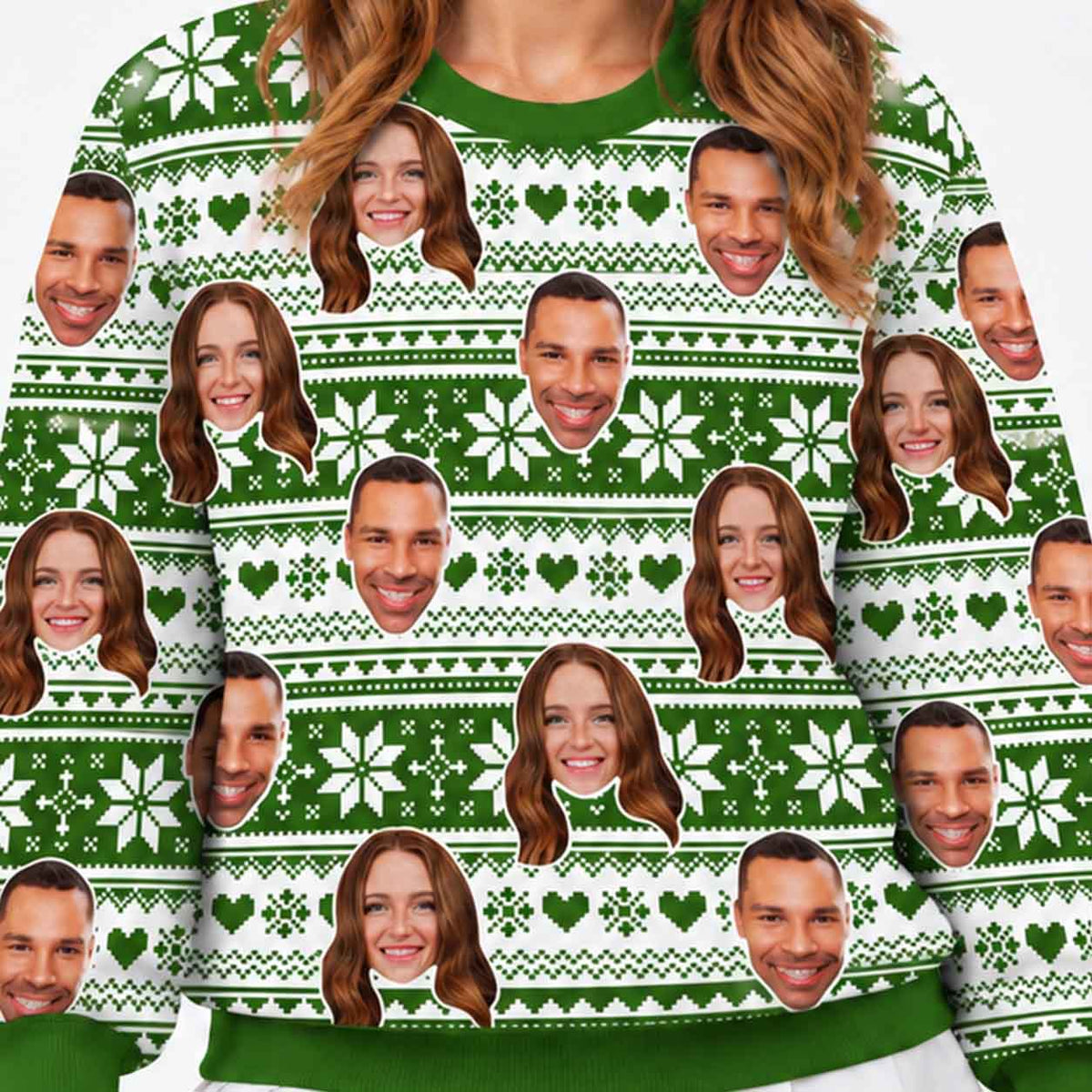 Your Face Green Nordic Snowflakes & Hearts Personalised Christmas Jumper