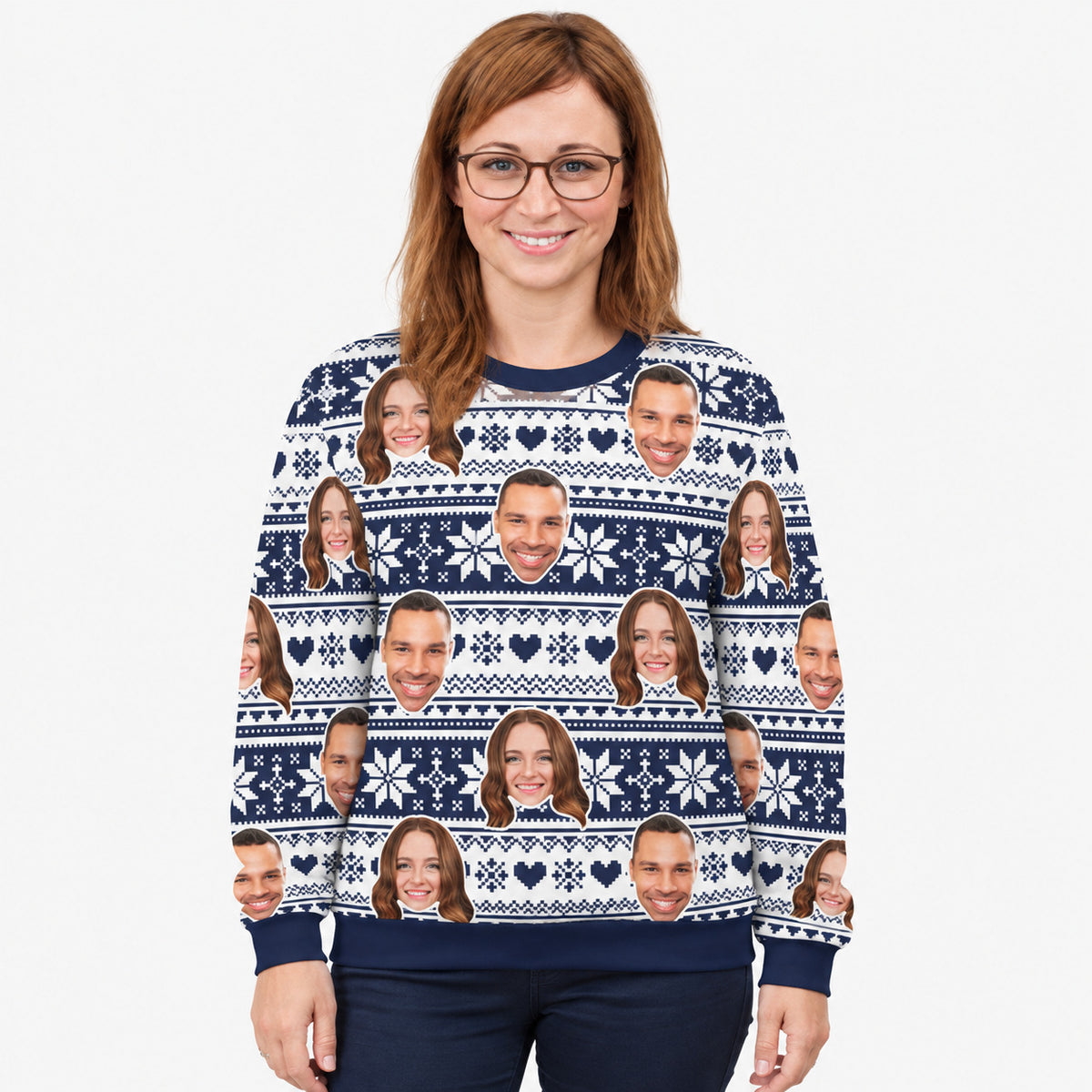 Your Face Navy Nordic Snowflakes & Hearts Personalised Christmas Jumper