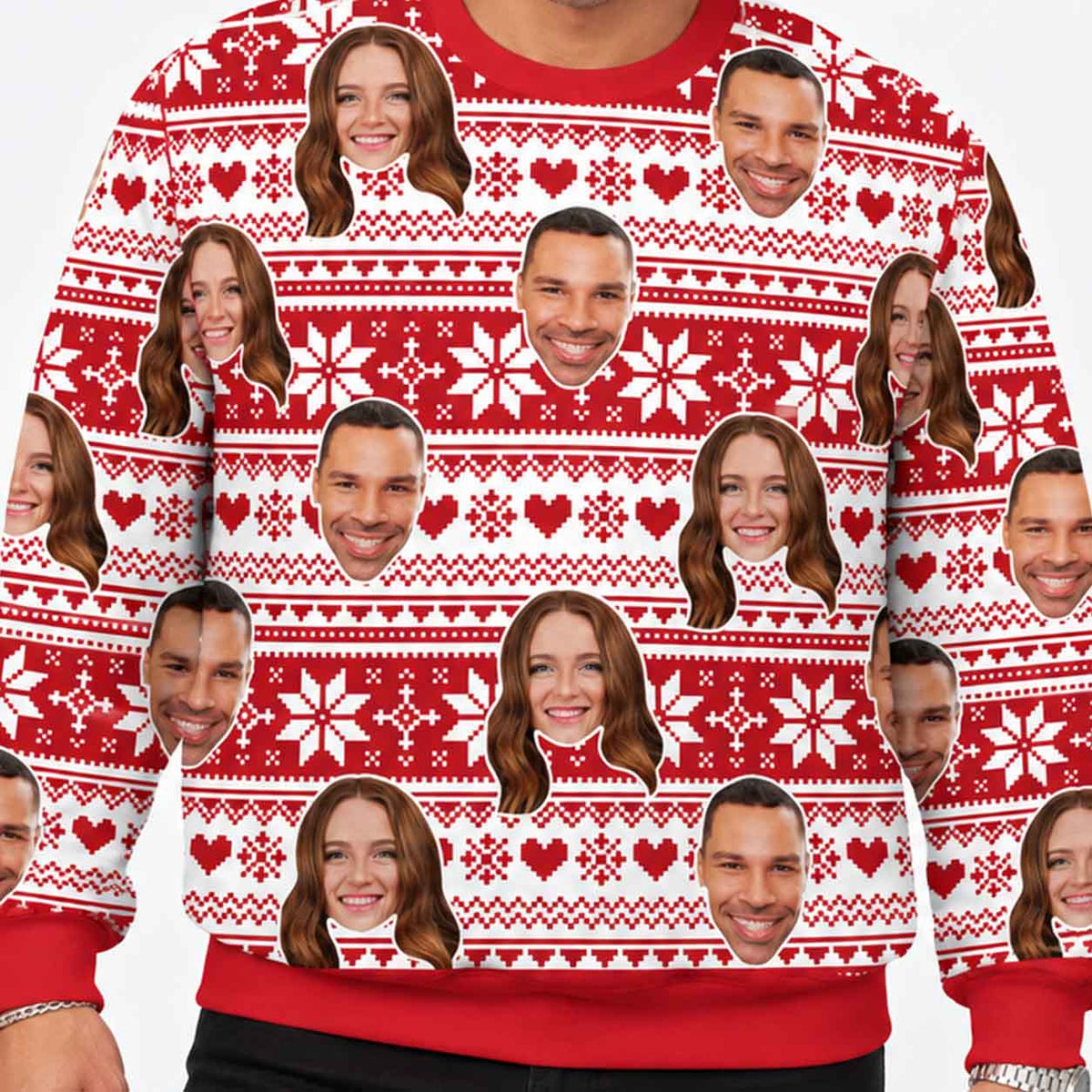 Your Face Red Nordic Snowflakes & Hearts Personalised Christmas Jumper