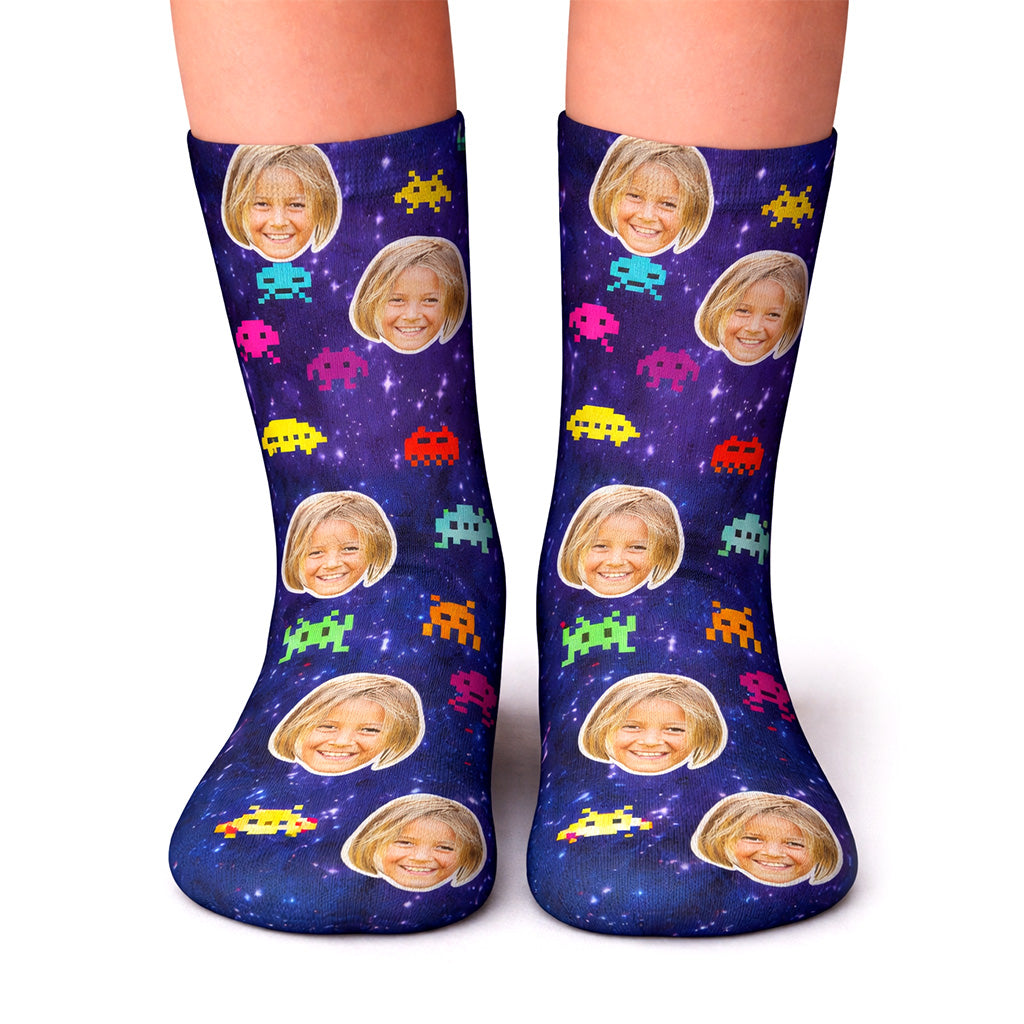 Space Invaders Face Kids Socks